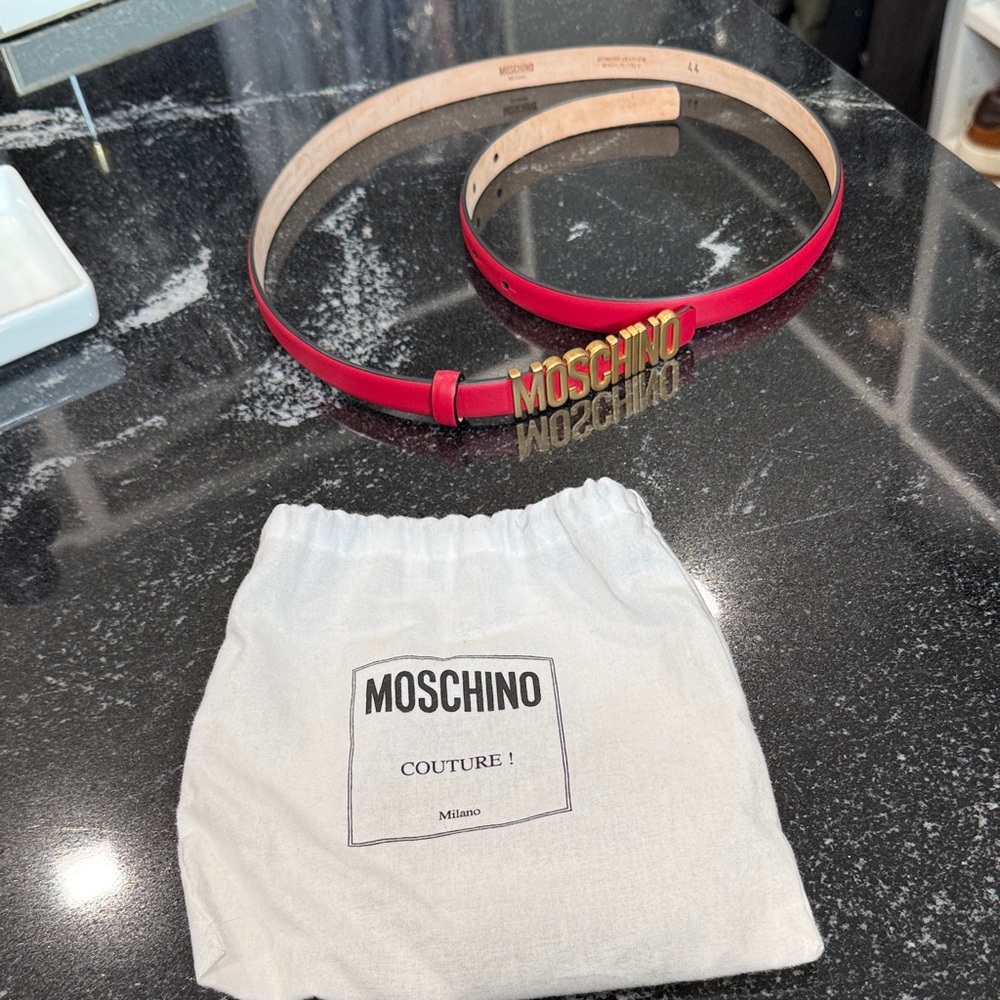 Moschino Red Leather Logo Skinny Belt with Gold Lettering